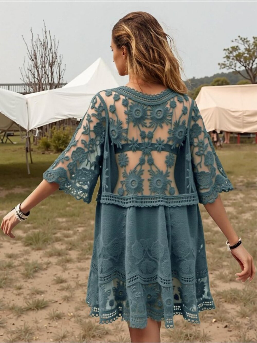 Women's Green Rayon V-Neck Coverup Sheer Mesh Lace Bathing Suit Swimsuit Coverup - Picture 2 of 5